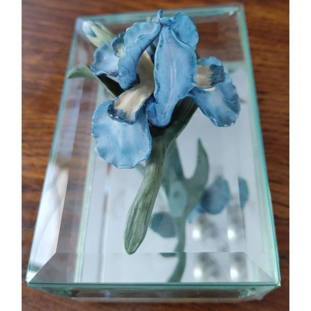 LEFTON Clear Crystal Glass Trinket Blue Iris Top Birthday Valentine Gift Idea